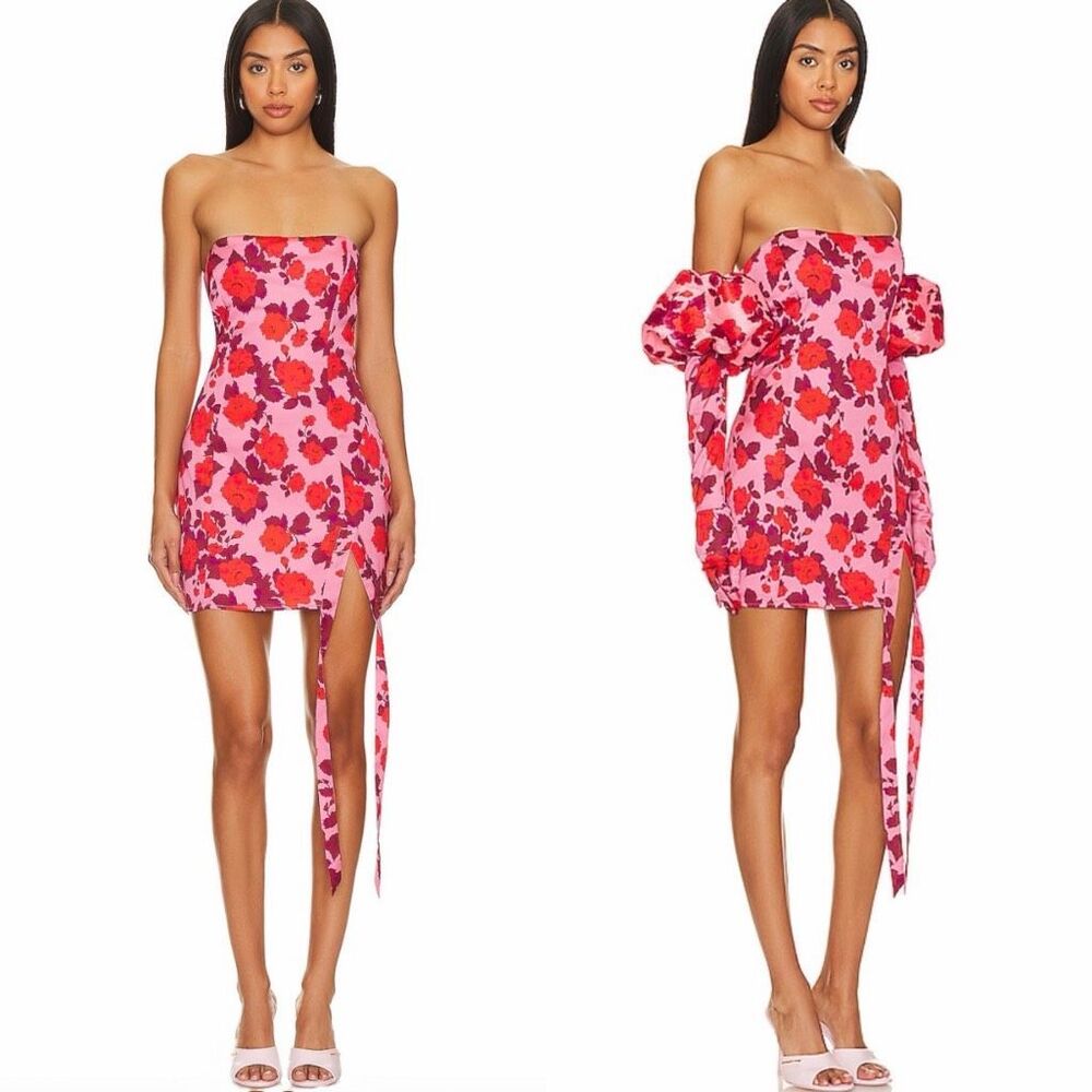 For Love & Lemons Huda Satin Floral Mini Dress Pink Puff Sleeve Gloves Size S